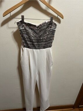 Express White Strapless Jumpsuit with Silver & Black Sequin Bodice